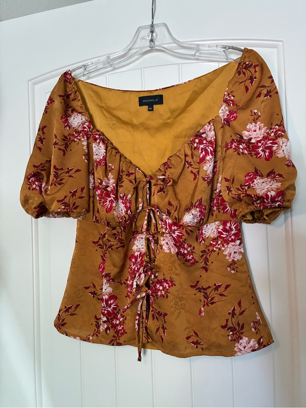 MAJORELLE floral lace up blouse top cottagecore coquette puff sleeve